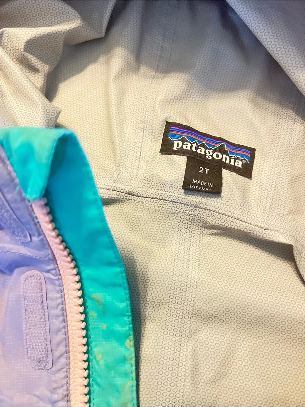 Patagonia Teal and Lavender Kids' Hooded Rain Jacket